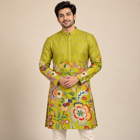 Lime Green Floral Printed Cotton Blend Fabric