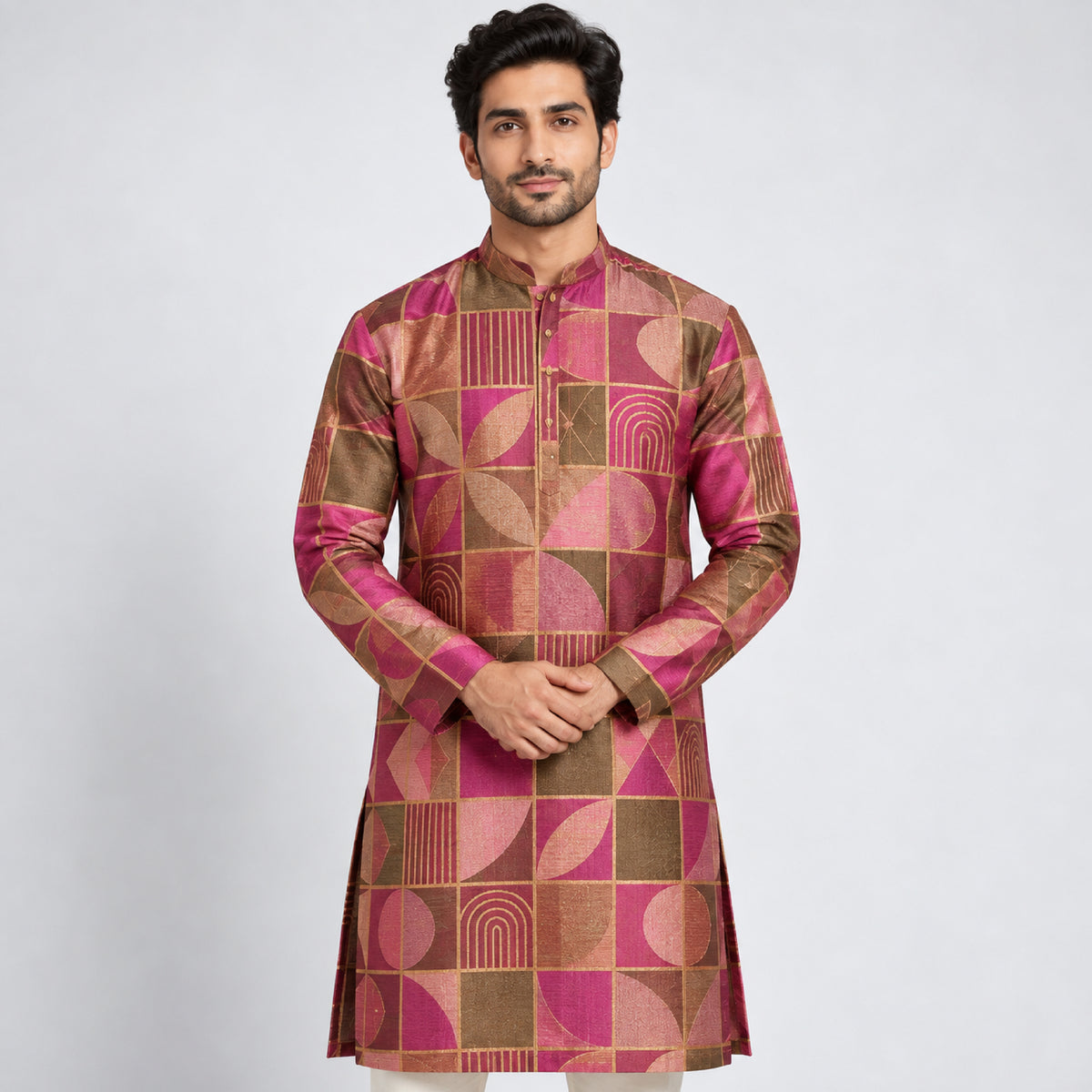 JqKt-168 - Sv1. Pink Bronze Geometric Kurta Fabric