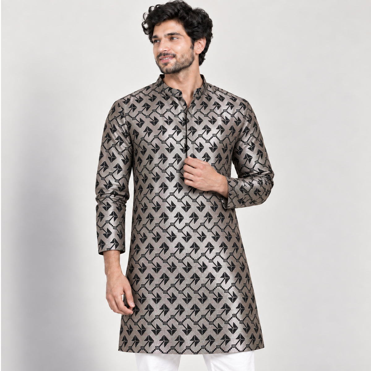 JqEt-1035 - 002 Taupe Black Geometric Kurta Fabric
