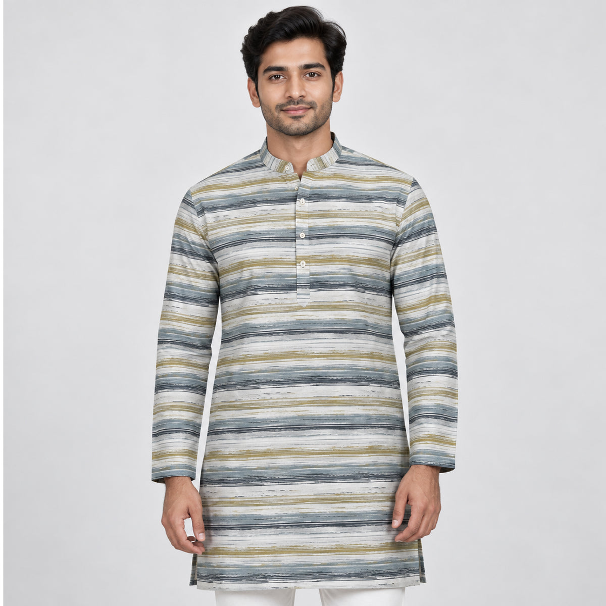 Dg-1298  - S Grey Olive Brushstroke Stripe Kurta Fabric