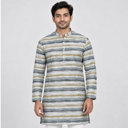 Dg-1298  - S Grey Olive Brushstroke Stripe Kurta Fabric