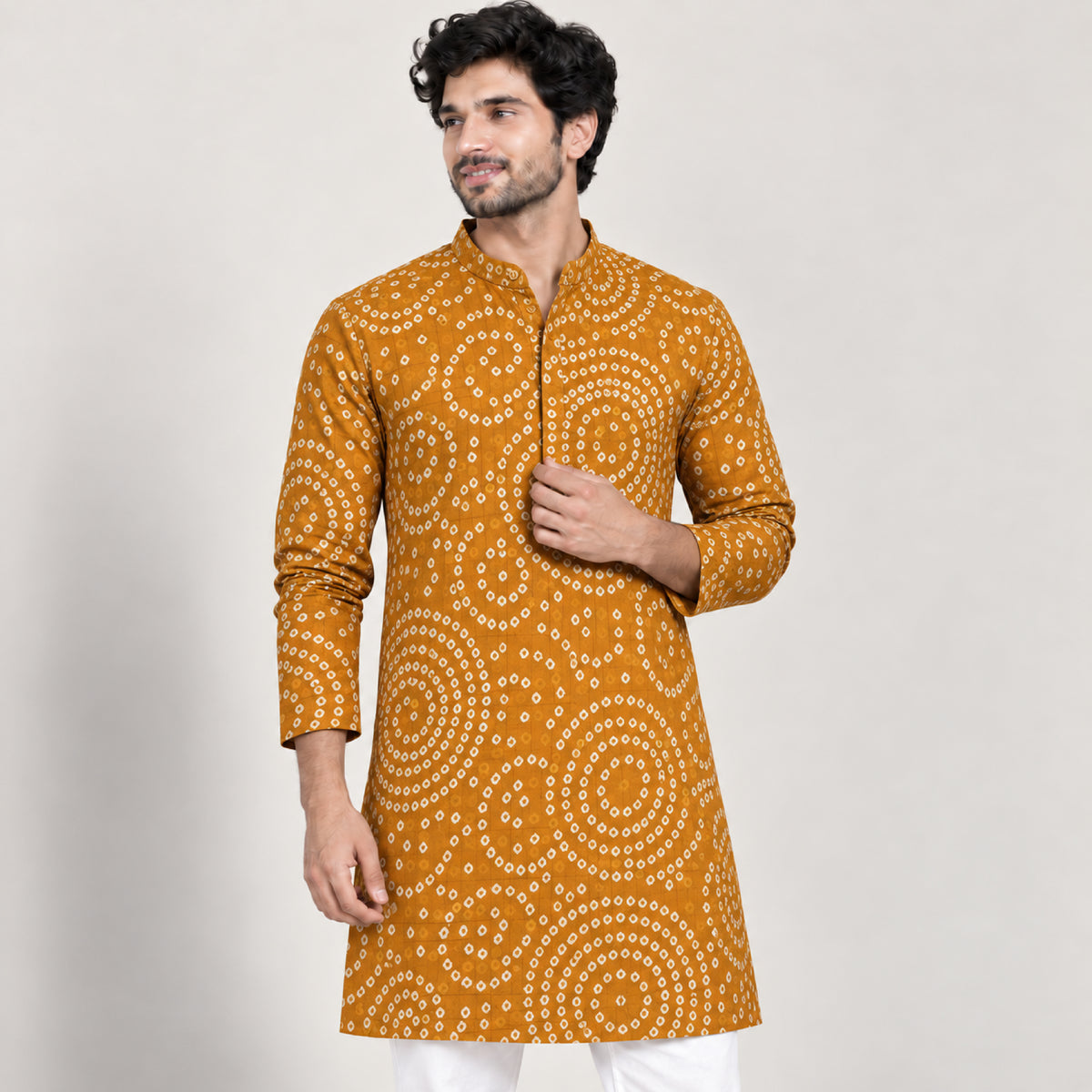 Dg-1415 - S Mustard Circular Bandhani Print Kurta Fabric