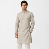 Neutral Beige Textured Cotton Kurta with Metallic Leaf Print