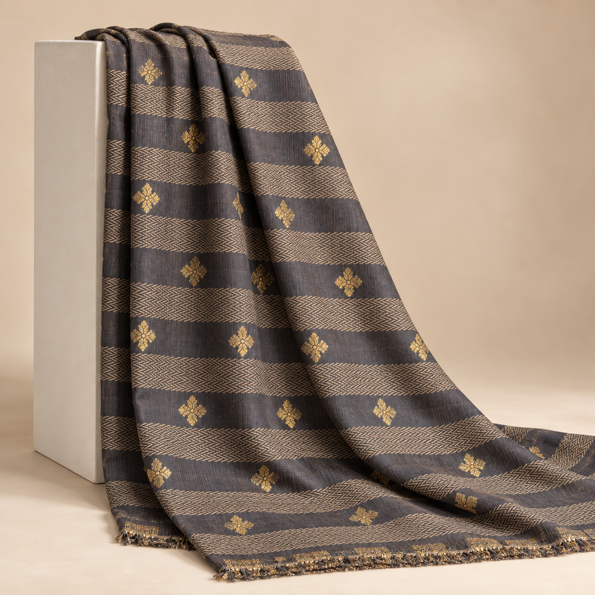 Grey Gold Stripe Printed Cotton Blend Fabric