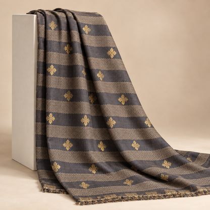 Grey Gold Stripe Printed Cotton Blend Fabric