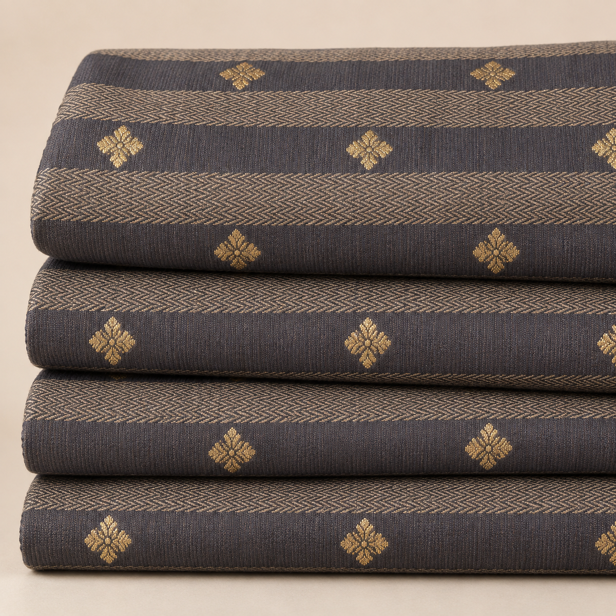 Grey Gold Stripe Printed Cotton Blend Fabric