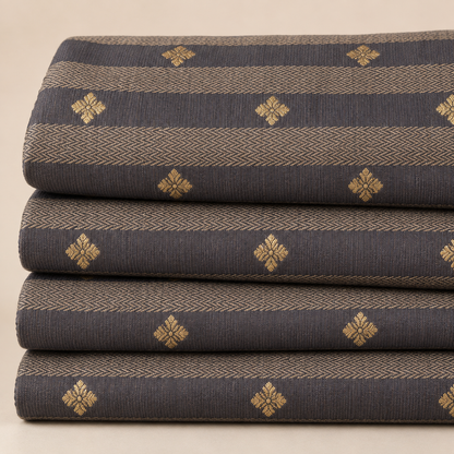 Grey Gold Stripe Printed Cotton Blend Fabric