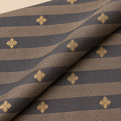 Grey Gold Stripe Printed Cotton Blend Fabric