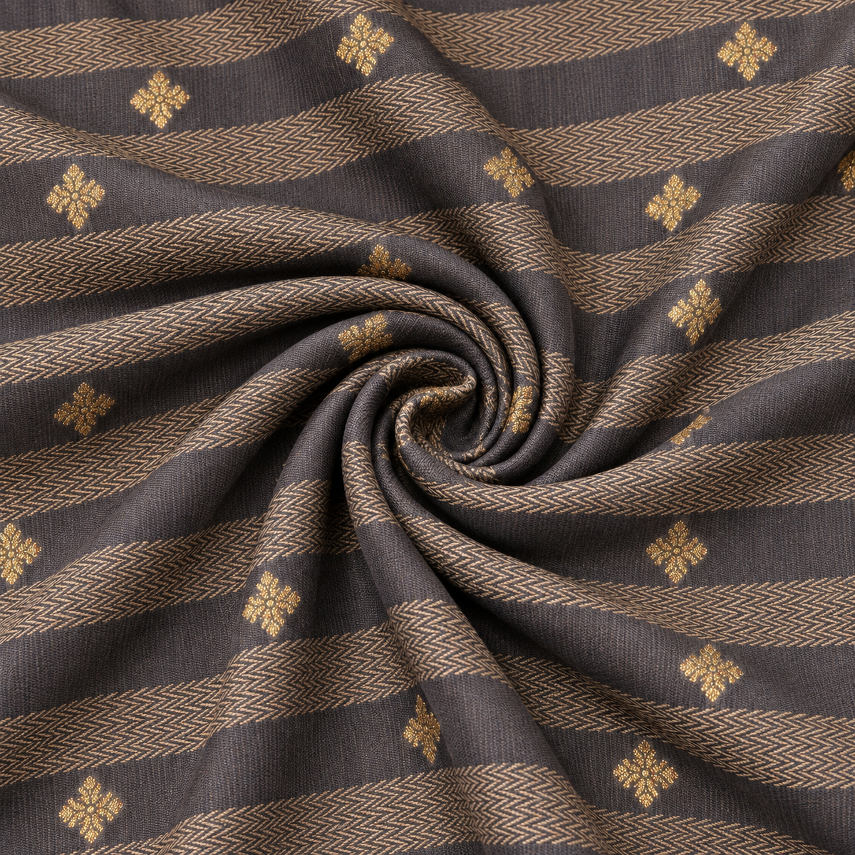 Grey Gold Stripe Printed Cotton Blend Fabric