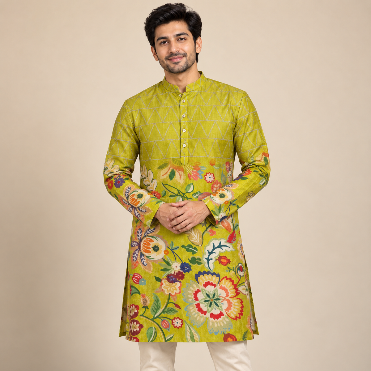Lime Green Floral Printed Cotton Blend Fabric
