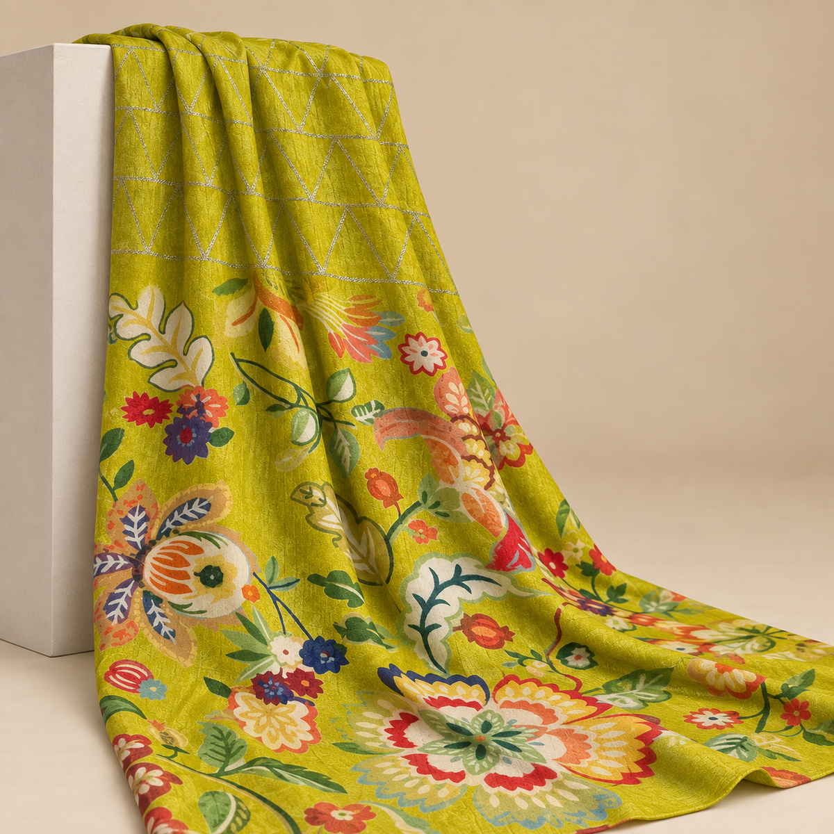 Lime Green Floral Printed Cotton Blend Fabric