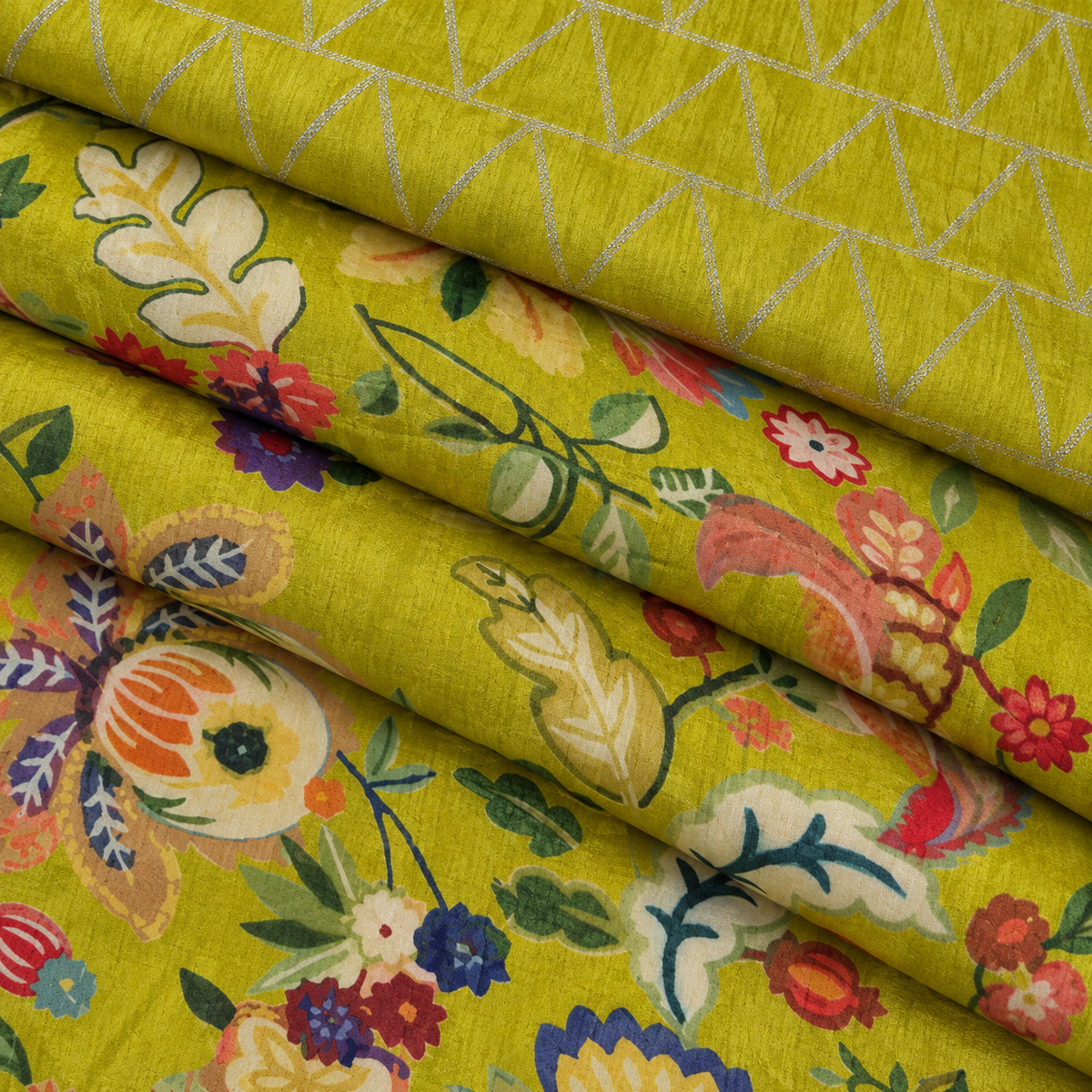 Lime Green Floral Printed Cotton Blend Fabric