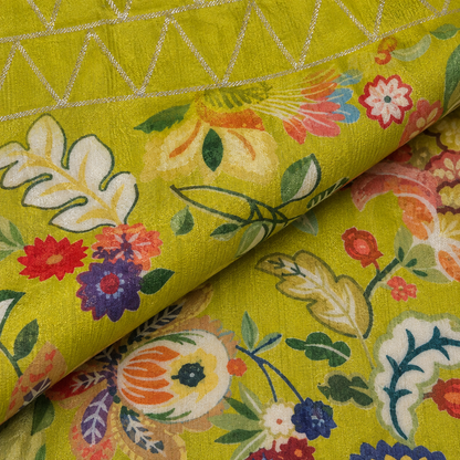 Lime Green Floral Printed Cotton Blend Fabric