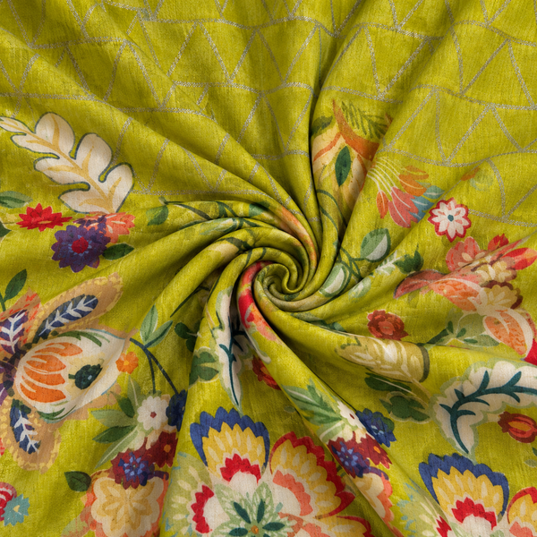 Lime Green Floral Printed Cotton Blend Fabric