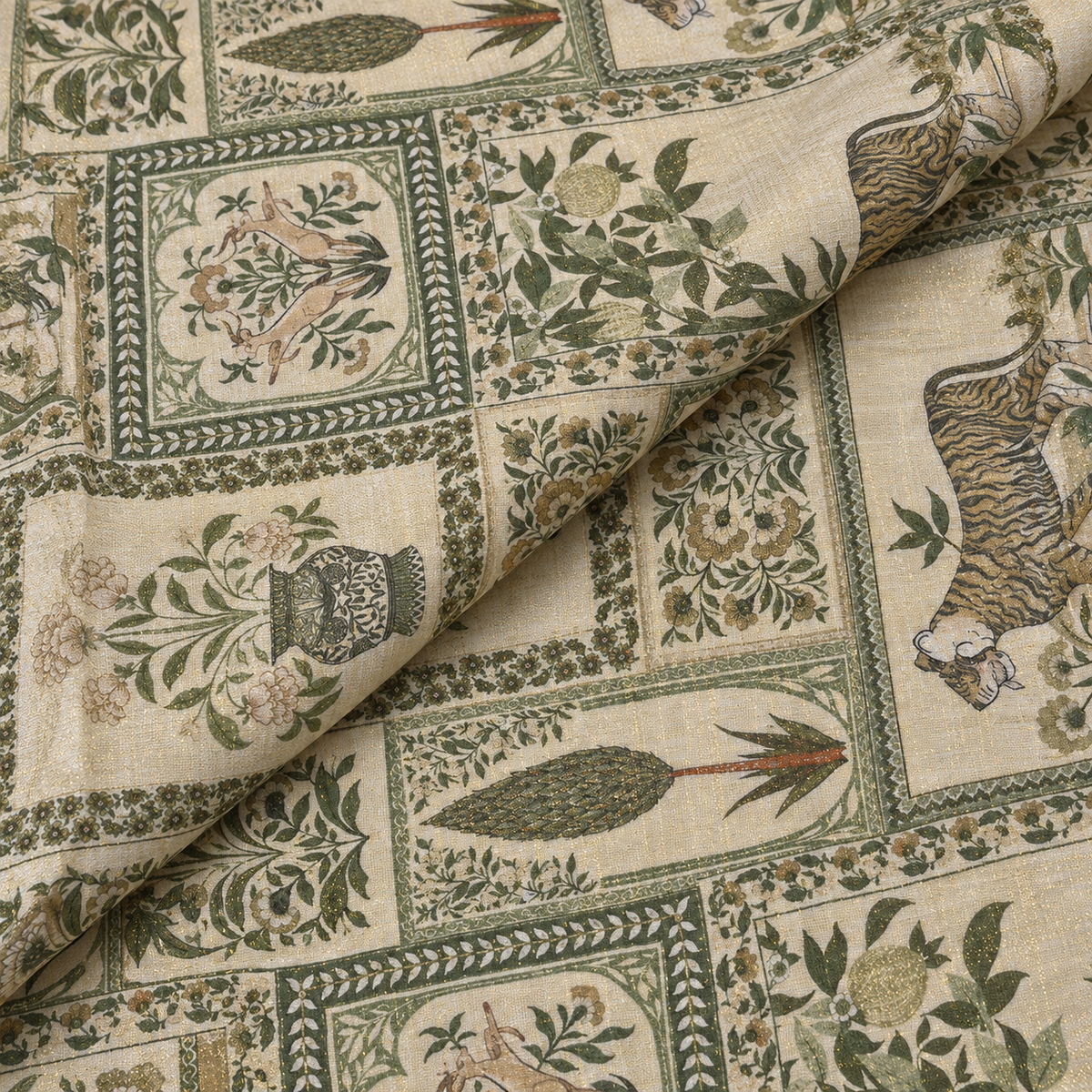 Green Floral Printed Cotton Blend Fabric