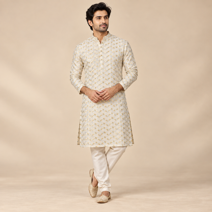 Ivory Gold Printed Cotton Blend Fabric