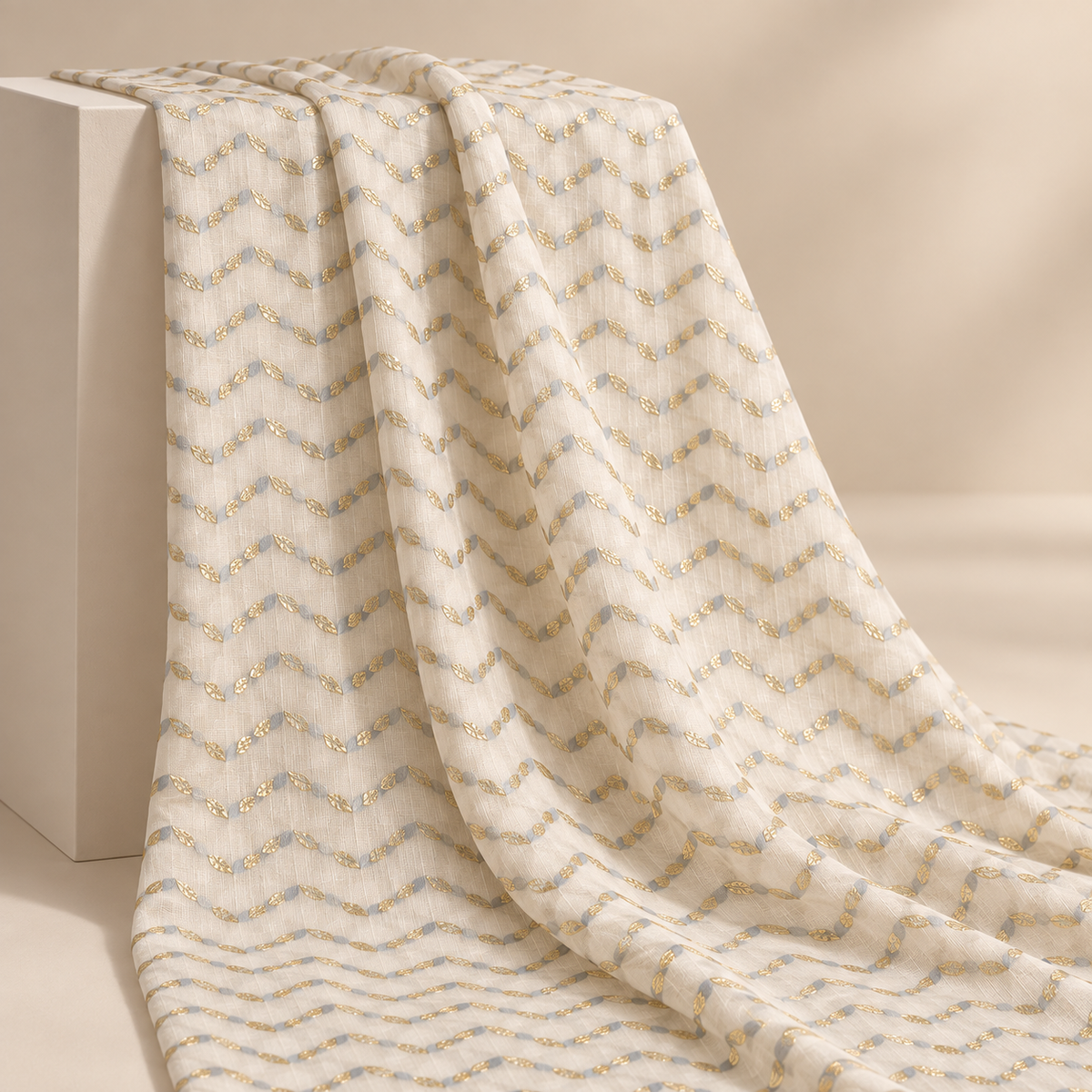 Ivory Gold Printed Cotton Blend Fabric