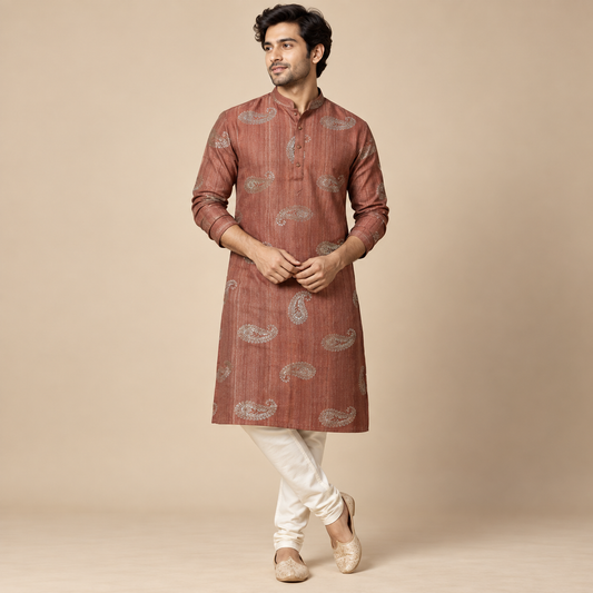 Rust Orange Paisley Printed Cotton Blend Fabric