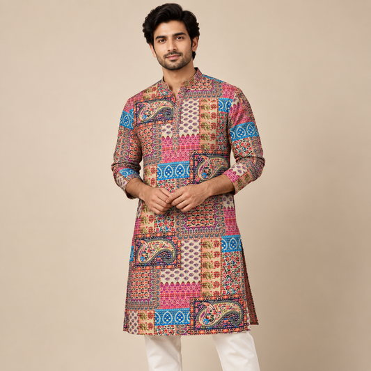 Royal Heritage Multicolor Paisley Printed Cotton Kurta Fabric