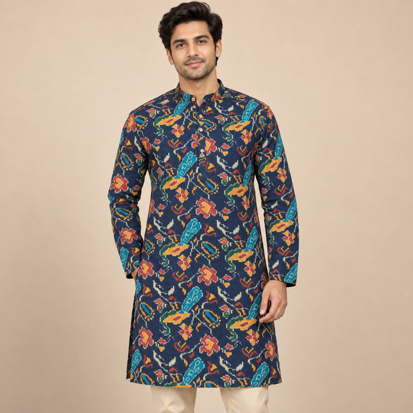 Navy Floral Kurta Fabric