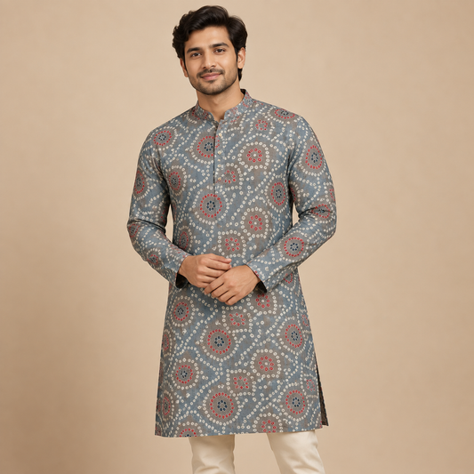 Blue Taupe Bandhani Kurta Fabric