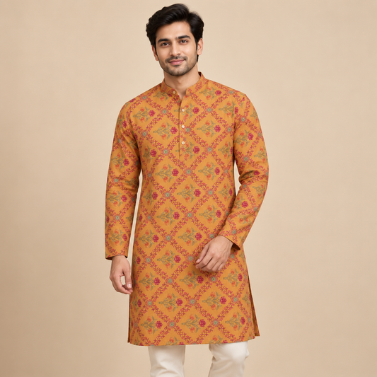 Mustard Micro Floral Kurta Fabric