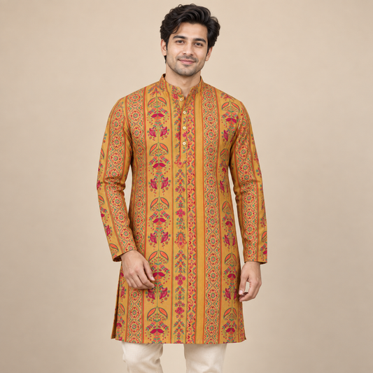 Mustard Floral Kurta Fabric