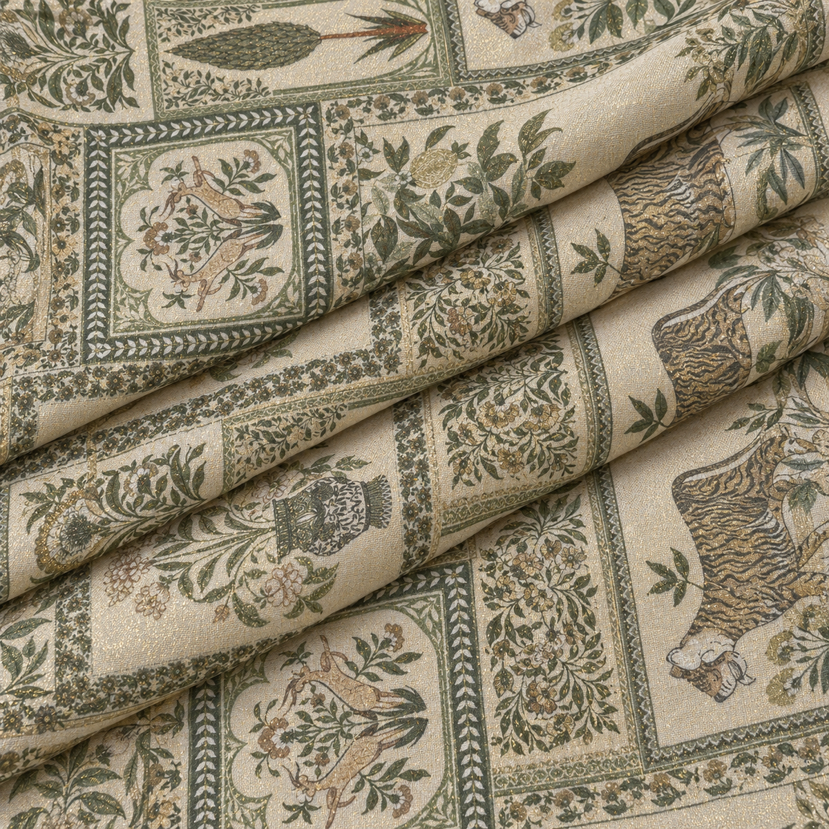 Green Floral Printed Cotton Blend Fabric