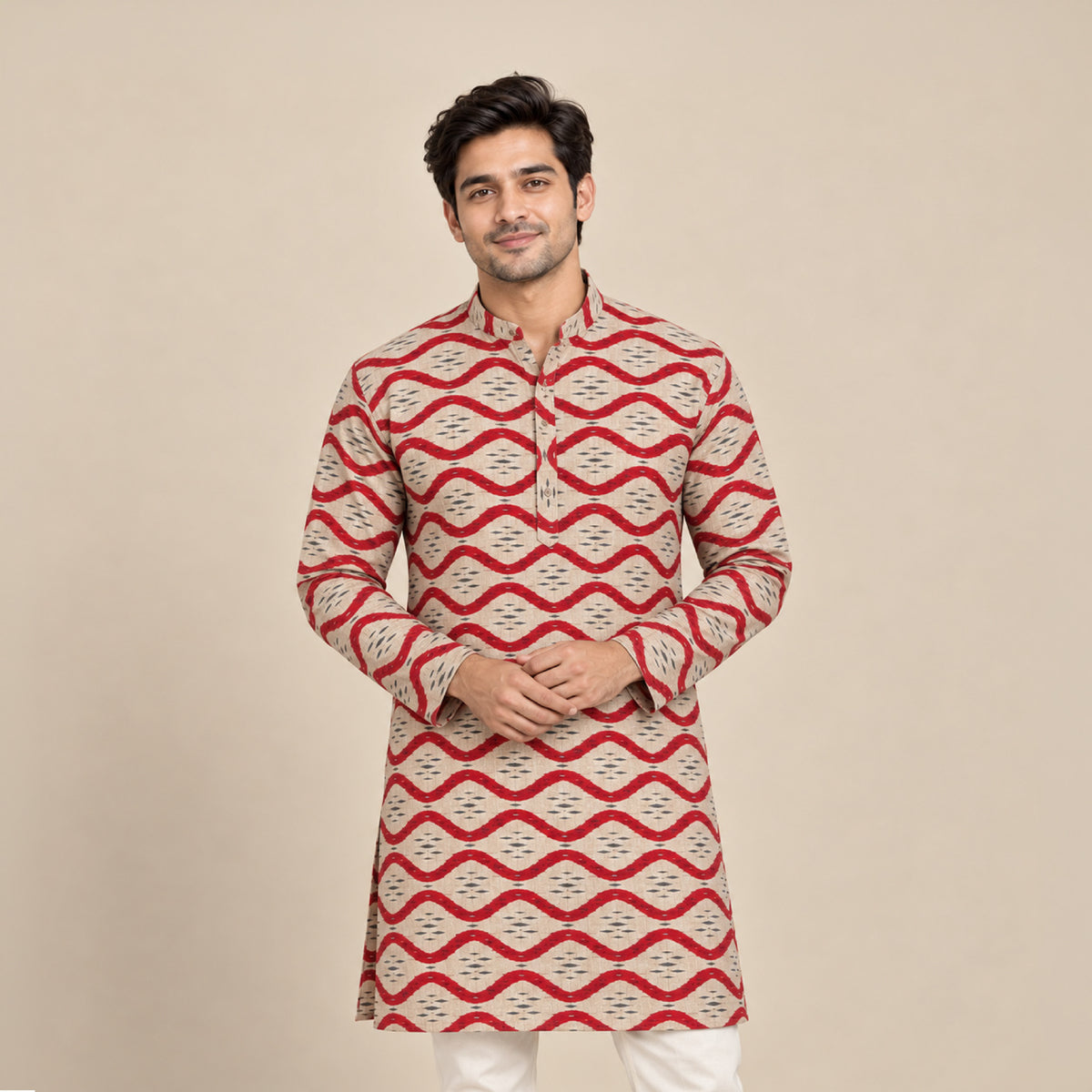 Ivory Red Wave Kurta Fabric - view 1