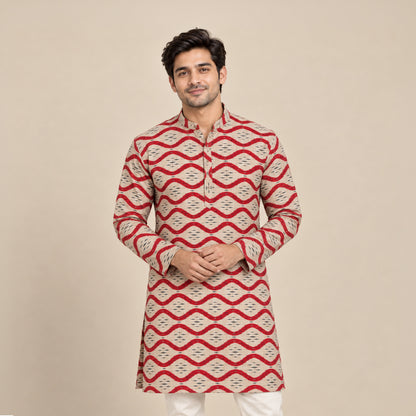 Ivory Red Wave Kurta Fabric - view 1