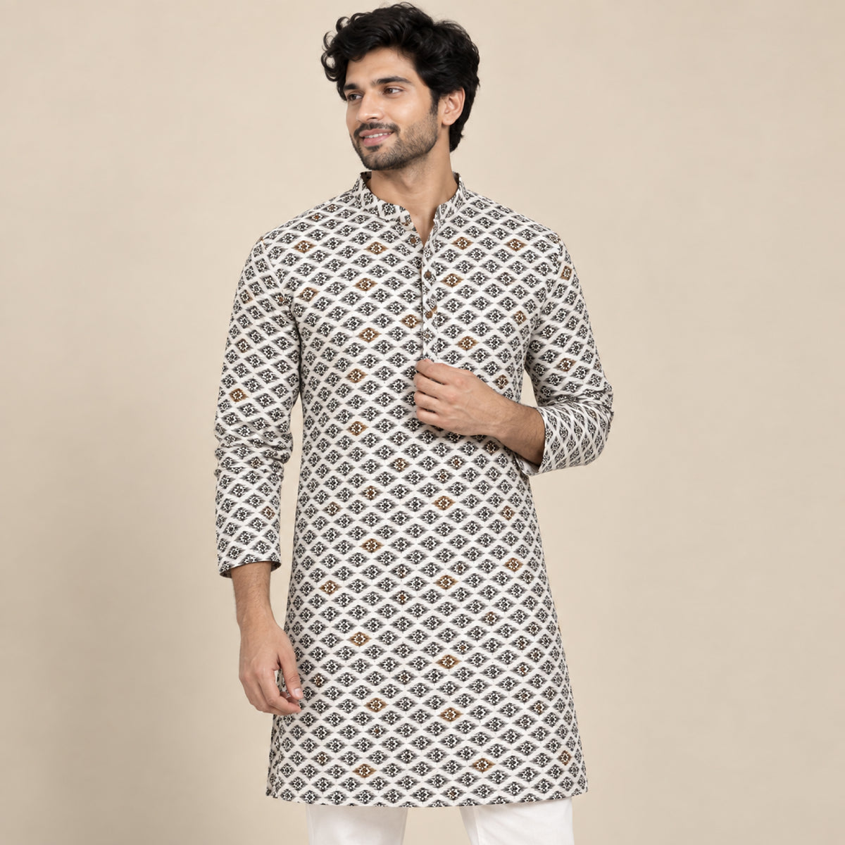 Ivory Charcoal Diamond Kurta Fabric - view 1
