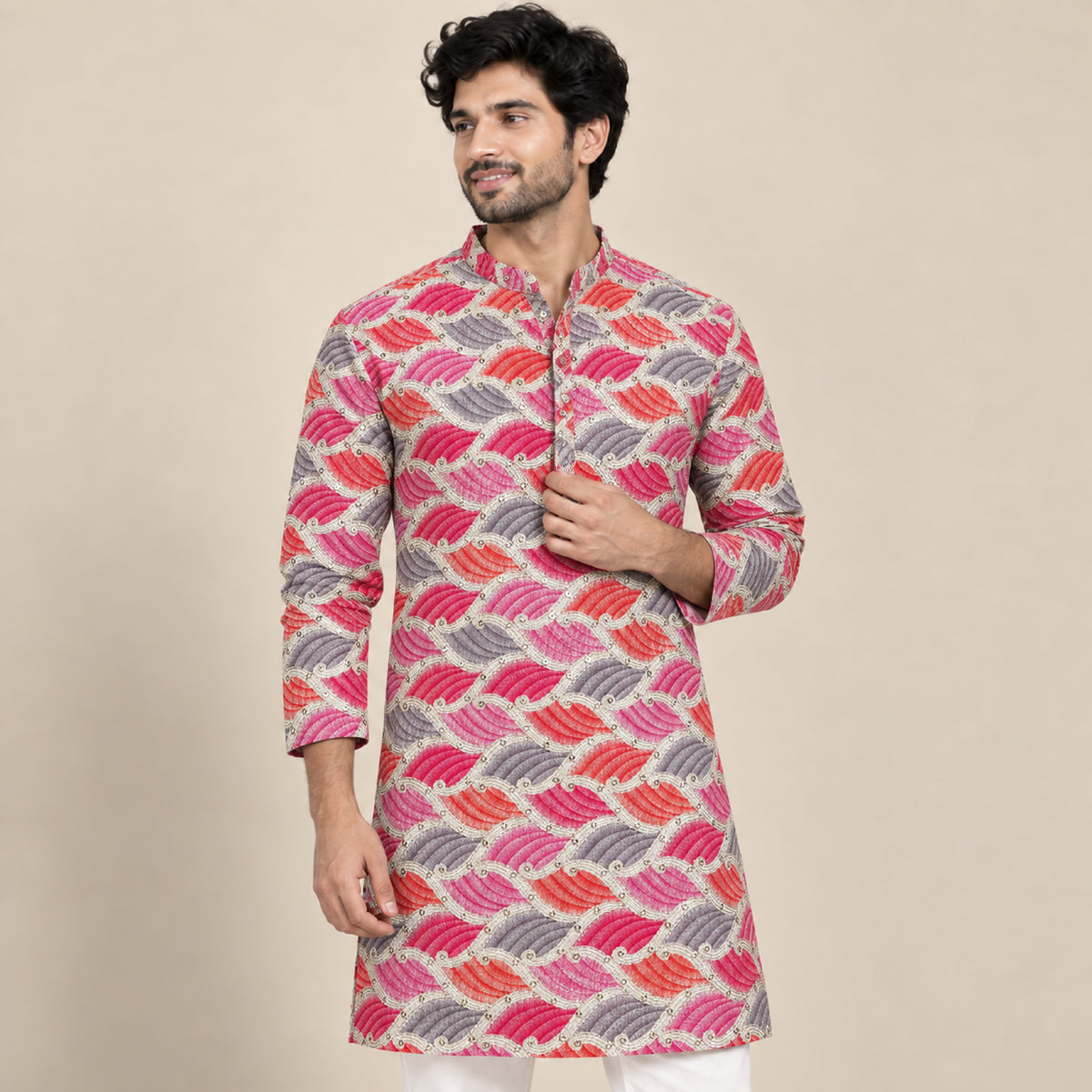 Rose Grey Leaf Jacquard Kurta Fabric - view 1