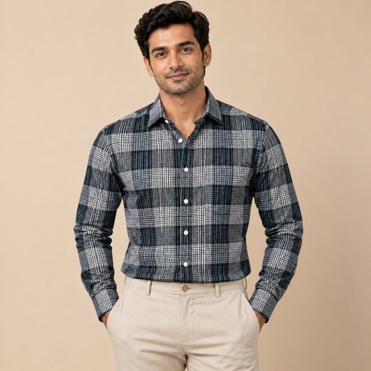 SPD/SH-733 - 1-Black, White & Blue Check Shirt Fabric view 1