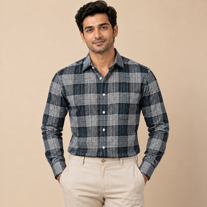 SPD/SH-733 - 1-Black, White & Blue Check Shirt Fabric view 1