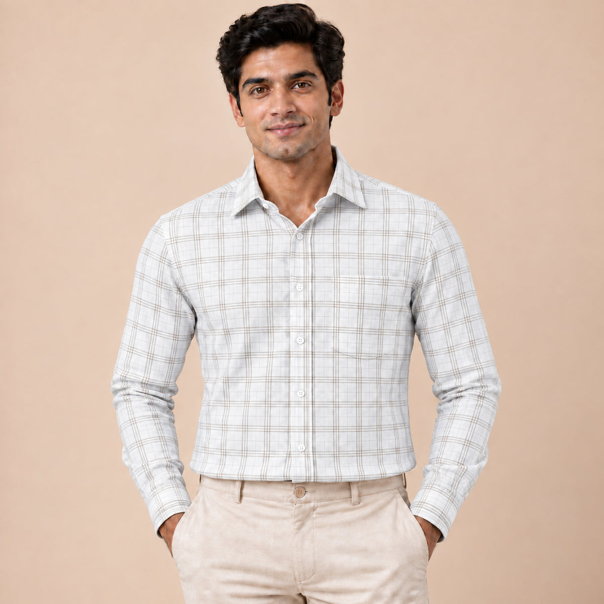 SPD/SH-704 - 1 -White & Beige Check Shirt Fabric view 1