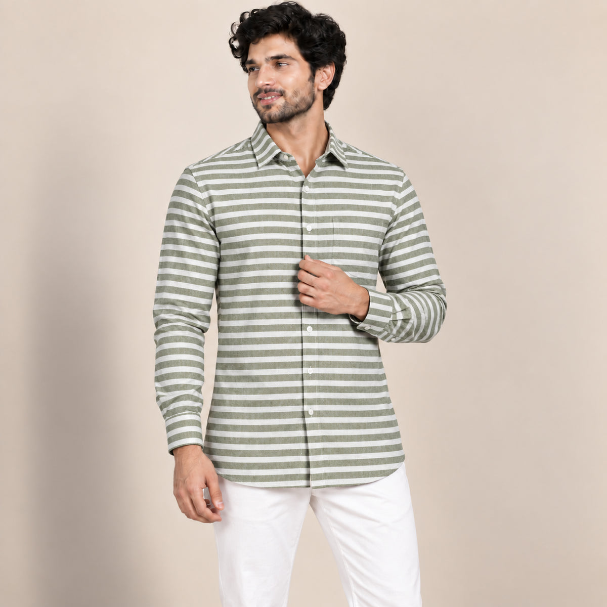 SPD/SH-662 - 3-Olive Green & White Stripe Shirt Fabric view 1