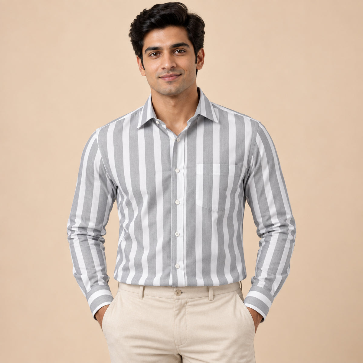 SPD/SH-674 - 2-Grey & White Bold Stripe Shirt Fabric view 1