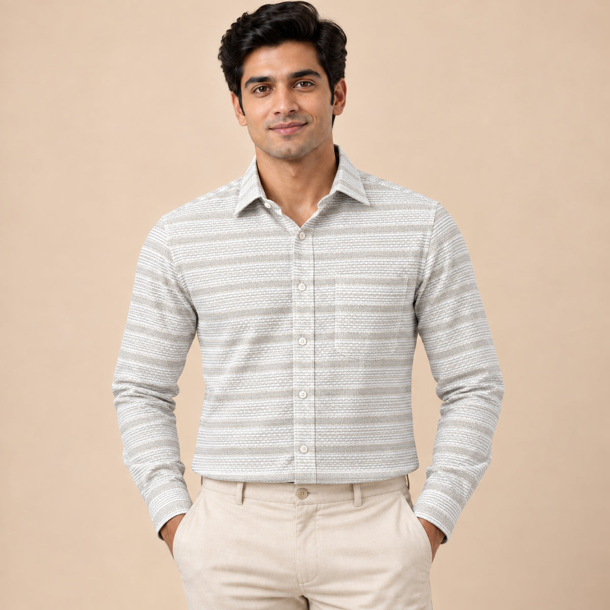 SPD/SH-614 - 1-Beige & White Textured Stripe Shirt Fabric view 1
