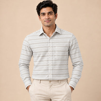 SPD/SH-614 - 1-Beige & White Textured Stripe Shirt Fabric view 1