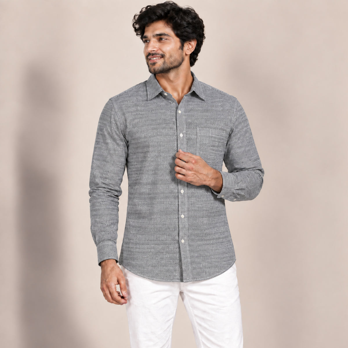 SPD/SH-657-Black & White Herringbone Shirt Fabric view 1