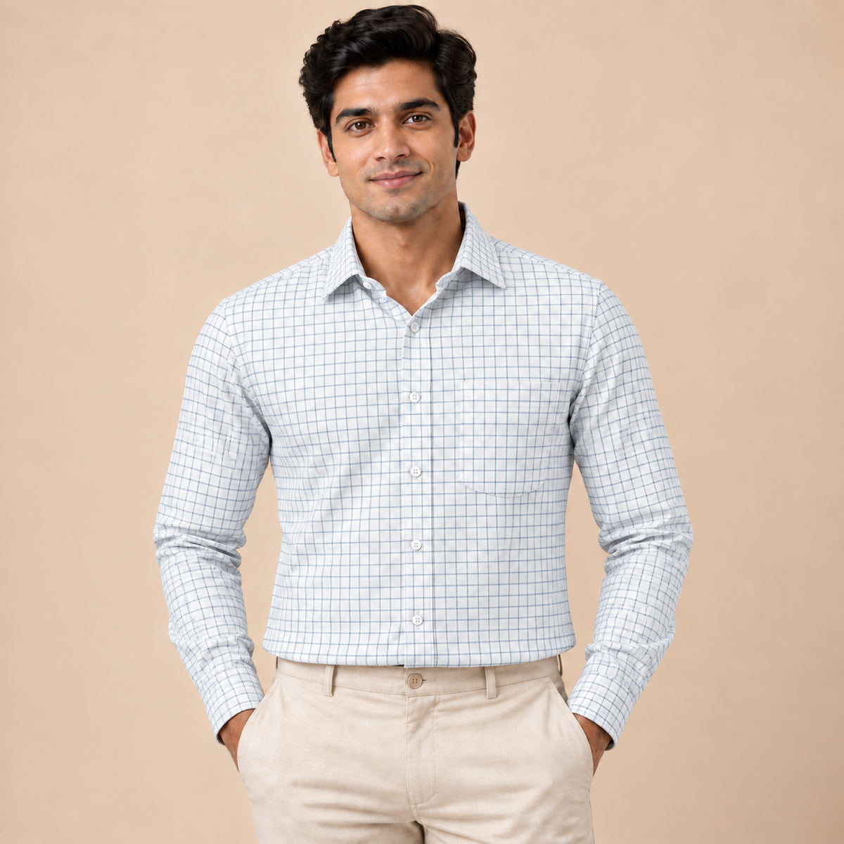 SPD/SH-697 - 2-White & Blue Fine Check Shirt Fabric view 1