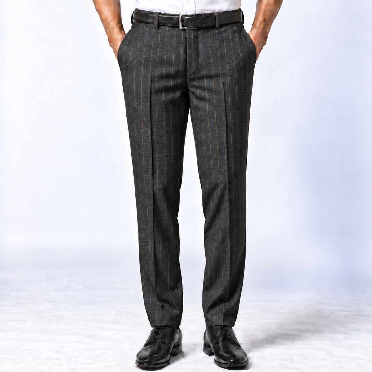 02505 - 2-Charcoal Brown Pinstripe Trouser Fabric view 1