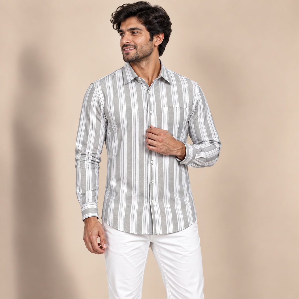 SPD/SH-726 - 2-White & Grey Multi-Stripe Shirt Fabric view 1