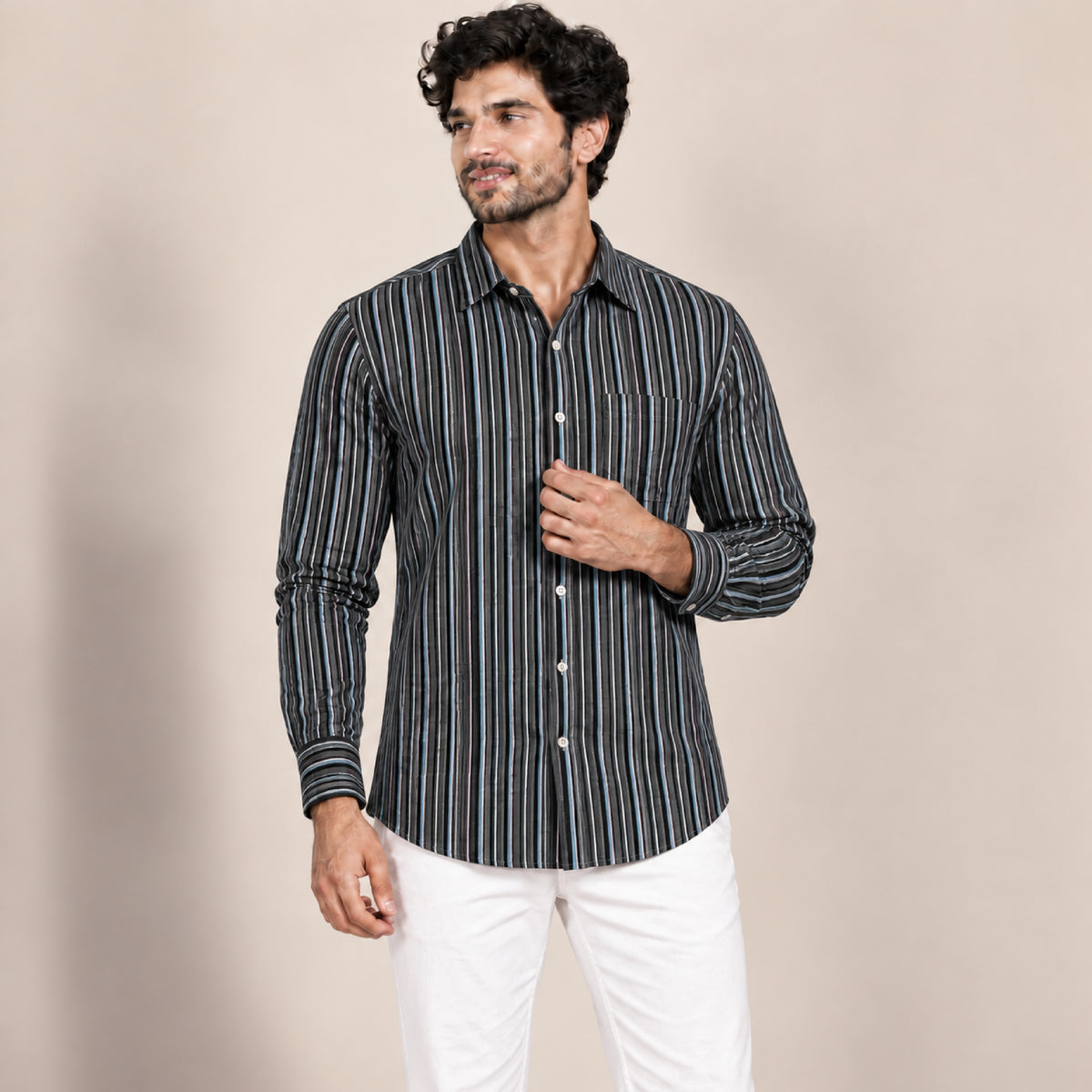 SPD/SH-692 - s -Black & Blue Multi-Stripe Shirt Fabric view 1