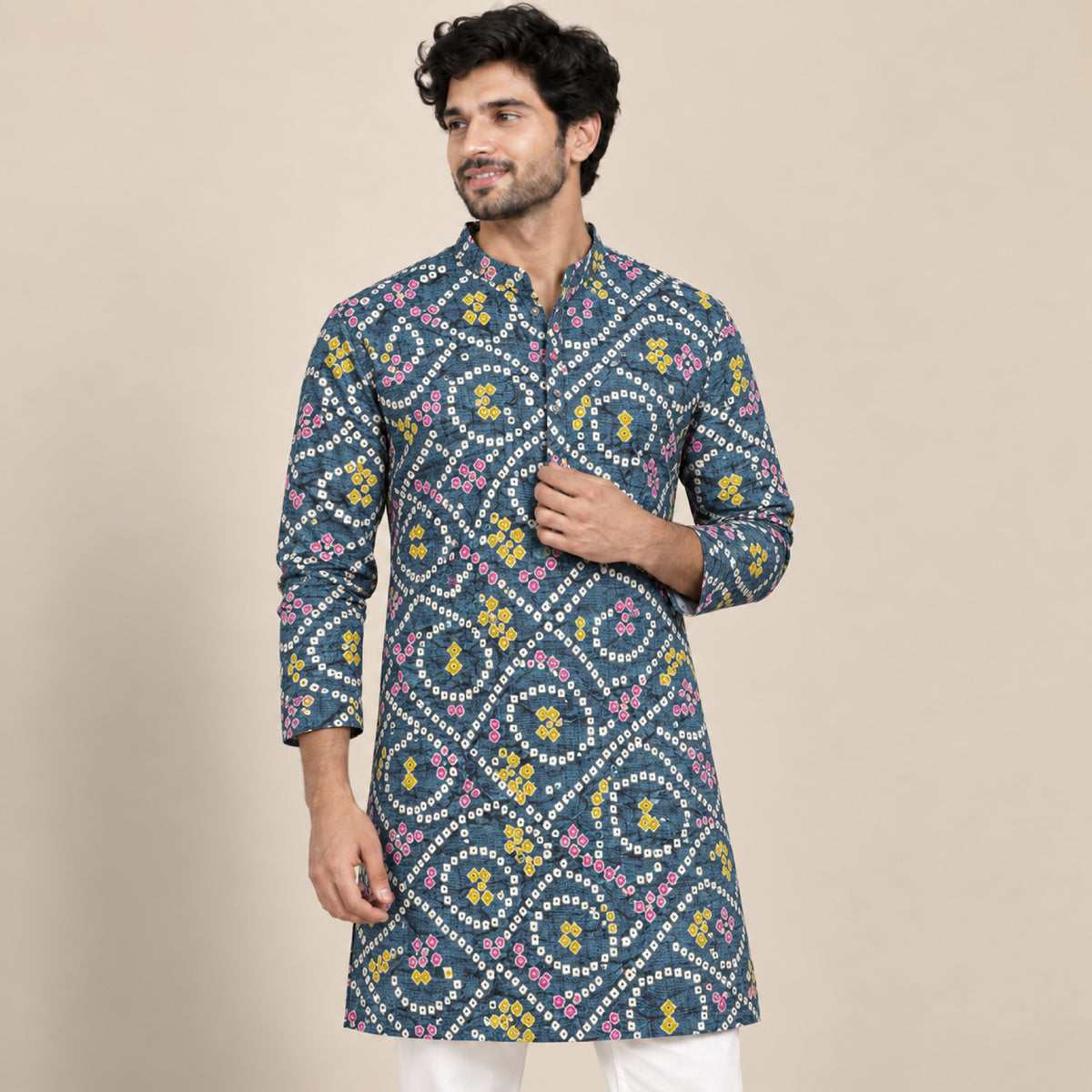 Teal Festive Bandhani Mosaic Kurta Fabric - view 1