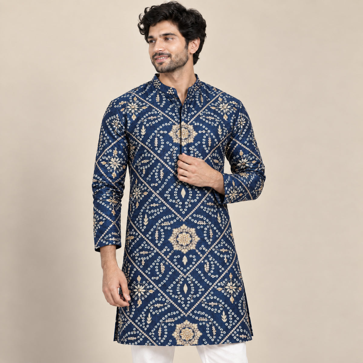 Navy Bandhani Medallion Kurta Fabric - view 1