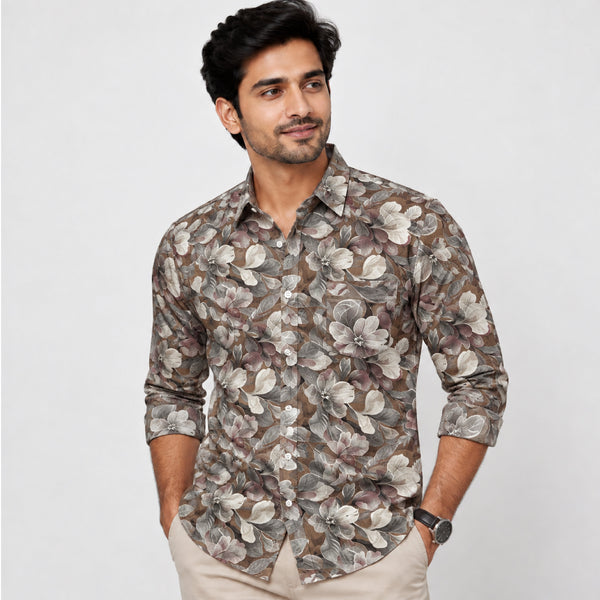 Brown Floral Print Shirt Fabric